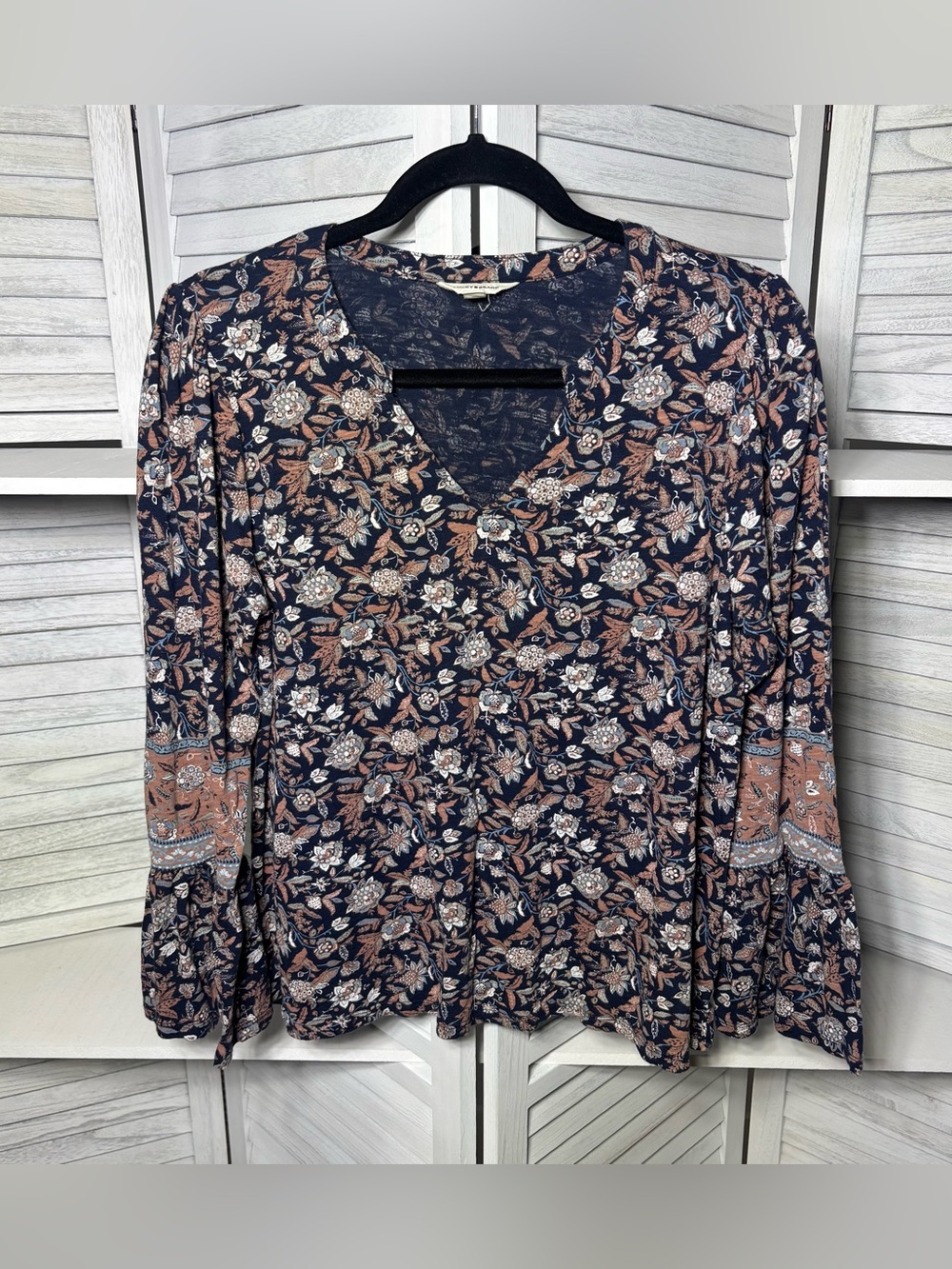 Lucky Brand Floral Border Print Bell Sleeve Top Medium